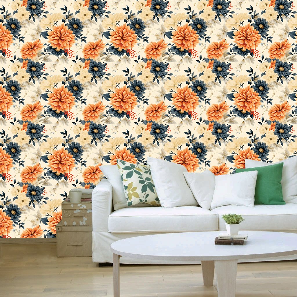 Self adhesive wallpaper,WALLPAPER,3d Orange and navy Blue Flower Self Adhesive wallpaper